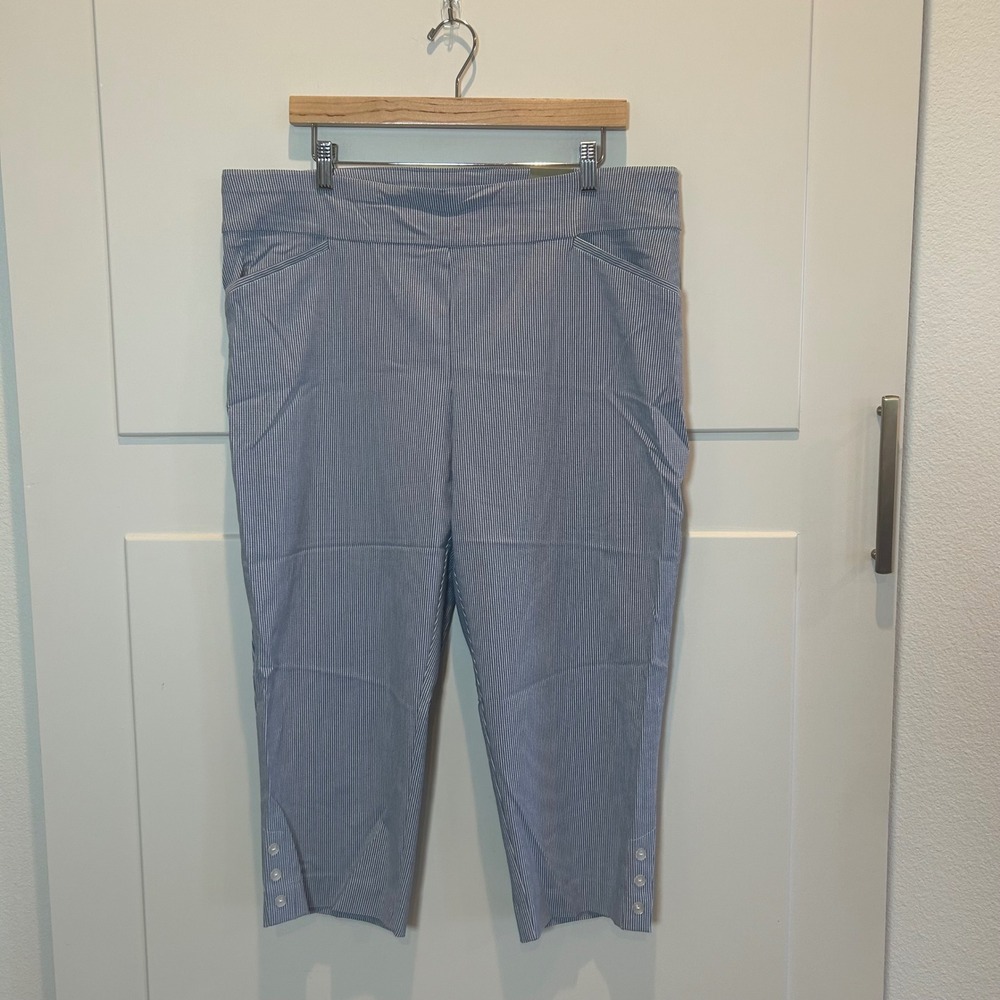Chicos Size 3 Coastal‎ Blue Stripe Slim Leg Capri Pants Button Detail NWT